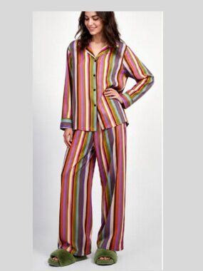 New Colorful Striped Satin Pyjama Pants and Shirt Set XL